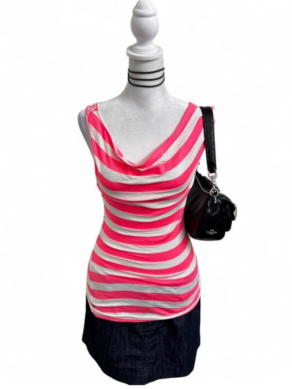 Charlotte Russe Pink and White Striped Cowl Neck Tank